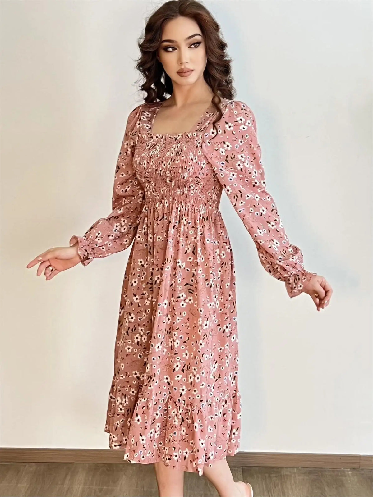 Long Sleeve Casual Chiffon Floral Elastic Chest Lace Up Midi Dress