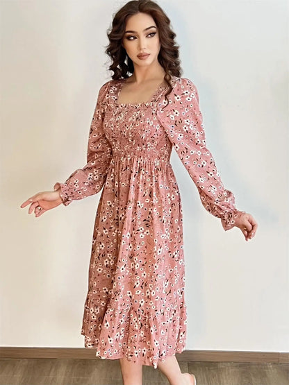 Long Sleeve Casual Chiffon Floral Elastic Chest Lace Up Midi Dress