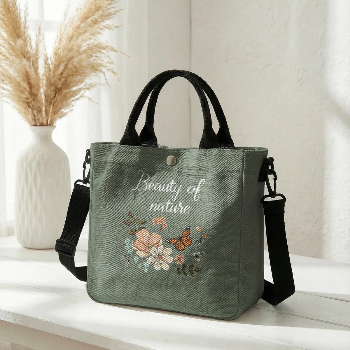 Floral Butterfly Letter Print Brown Canvas Tote Bag