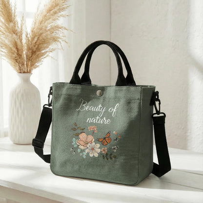 Floral Butterfly Letter Print Brown Canvas Tote Bag