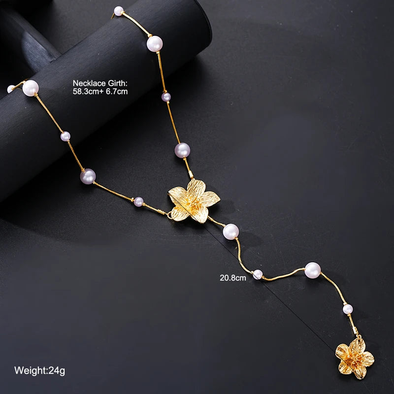 Long Tassel Imitation Pearl Flower Necklaces