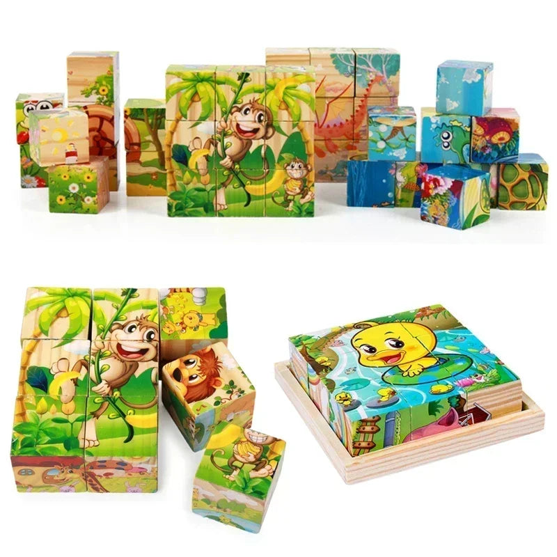 3D cube Wooden puzzle nine pieces six-sided wooden block tray