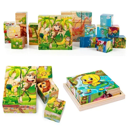 3D cube Wooden puzzle nine pieces six-sided wooden block tray