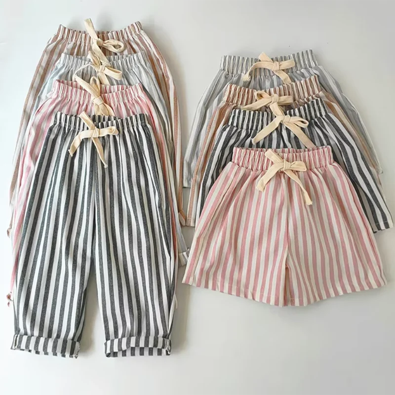 Retro Hemp Cotton Striped Casual Elastic Waist Pants