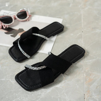 Square-toe crisscross strap and shining diamond Slippers