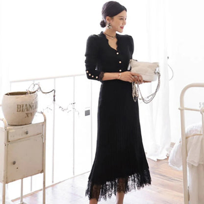 Queen Stitching Lace Long Slim Casual Dress Set