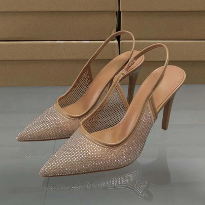 Luxury Pointed Toe Bright Rhinestone Mesh High Heeled Elegant Shoes