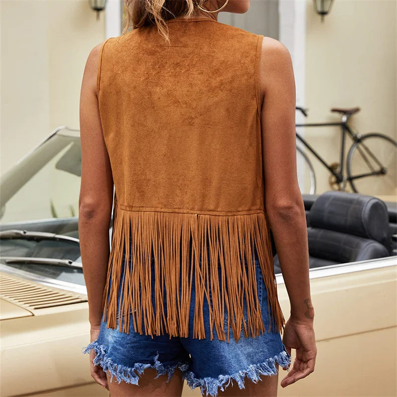 Tassel Vest 70s Hippie Faux Suede Rivets Sleeveless Fringe Jacket