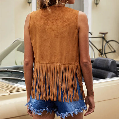 Tassel Vest 70s Hippie Faux Suede Rivets Sleeveless Fringe Jacket