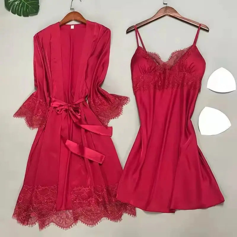 White 5PCS  Satin Sleepwear