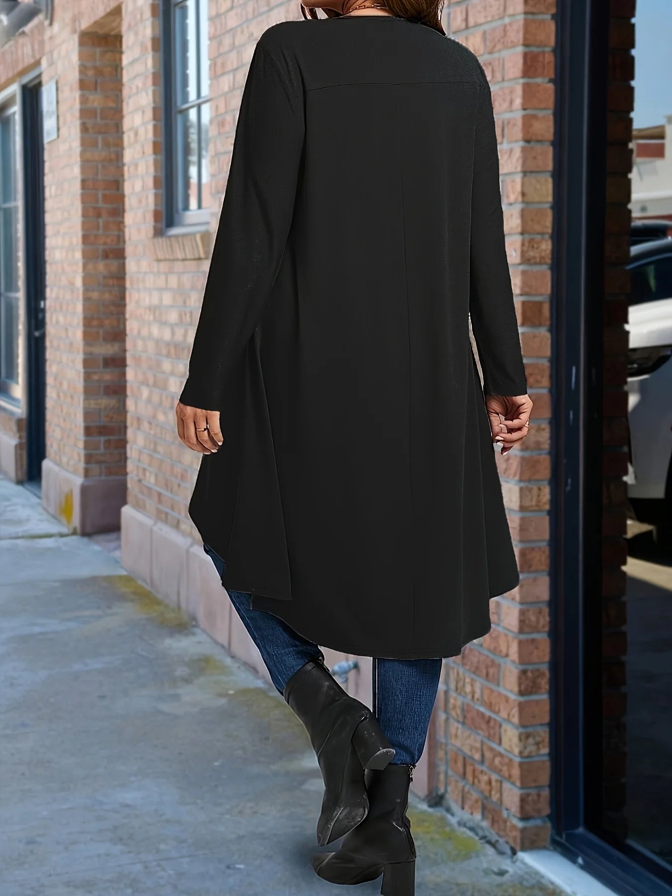 Plus Size Long Sleeve Elegant Crew Neck Asymmetrical Dipped T-shirt