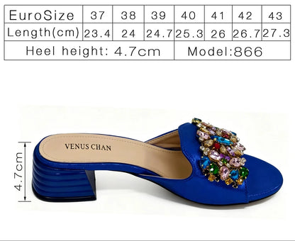 Luxury Multicolor Rhinestone Blue Heel Mules Black Satin Open Toe Slip