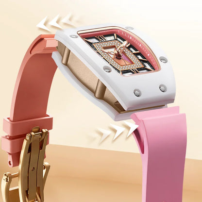 Automatic Ceramic Case Diamond Dial Silicone Strap Waterproof Wristwatch