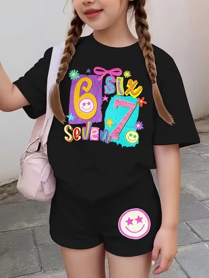 67 Six Seven Cute Bows Flowers Print Short Sleeve T-Shirt Set