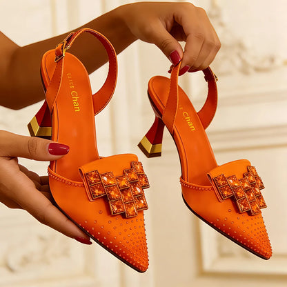 Venus Chan Elegant Green Slingback Heels with Rhinestones Shoes
