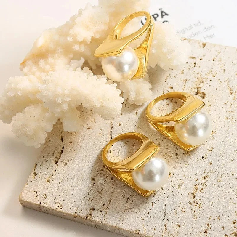 316L Stainless Steel Y Shaped Big Imitation Pearl Rings