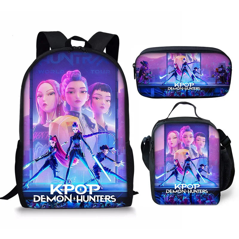 KPop Demon Hunters School Bags Backpack With Lunch Bag & Pencil Bag