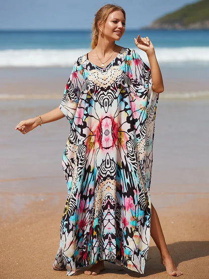 Long Caftans Print Bathing Suit Cover Up Beach Maxi Dress Abaya