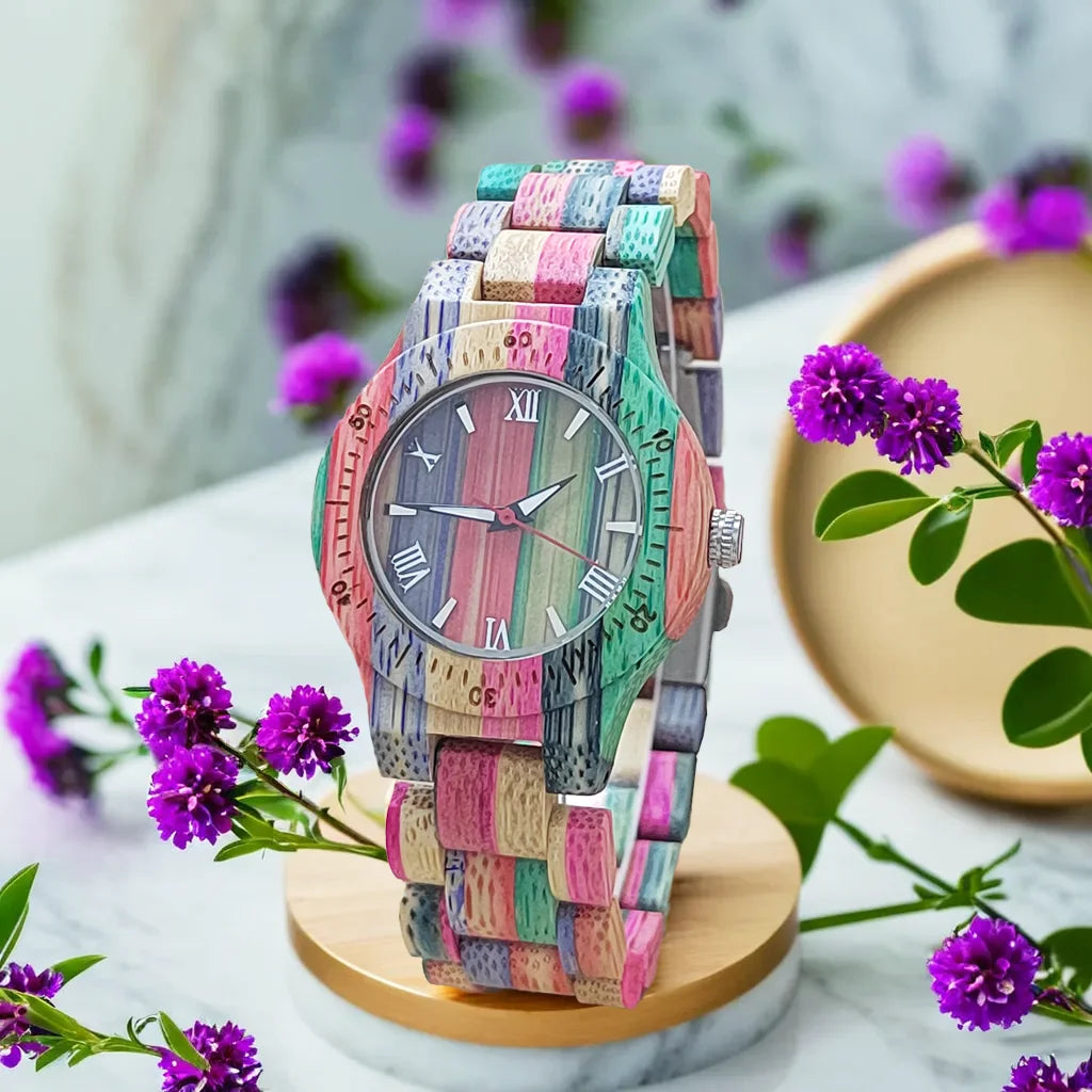 Elegant Colorful Bamboo Wooden Quartz Wood Wristwatches