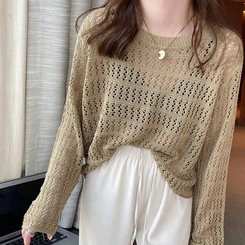 Knitted Long Sleeve Sweaters O-Neck Hollow Out Knit Sweater Pullover
