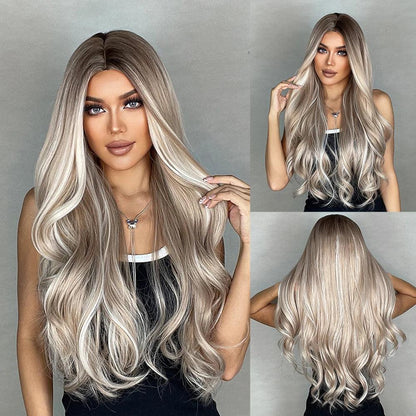 Long Natural Wavy Platinum Blonde Wigs