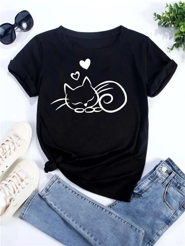 Love Heart Cat Print T-Shirt