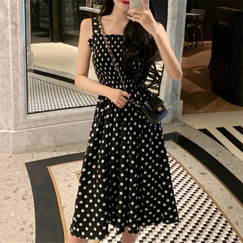 Polka Dot Elegant Sleeveless Chiffon Long Dress