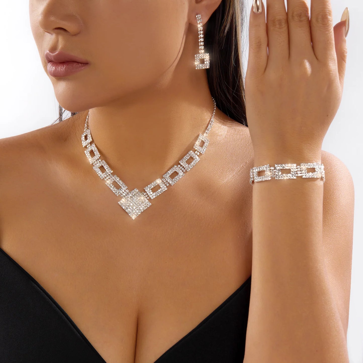 Geometric Rhinestone Crystal Necklace Choker Jewelry Set