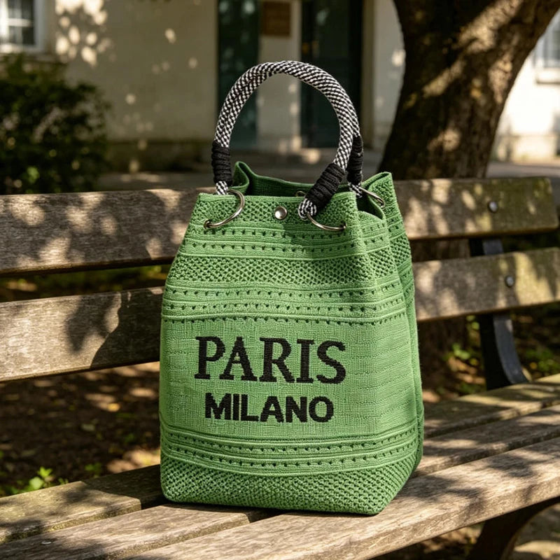 Letter Print Hollow Knit Bucket Lightweight Woven Handbag Small Tote Bag