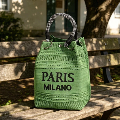 Letter Print Hollow Knit Bucket Lightweight Woven Handbag Small Tote Bag