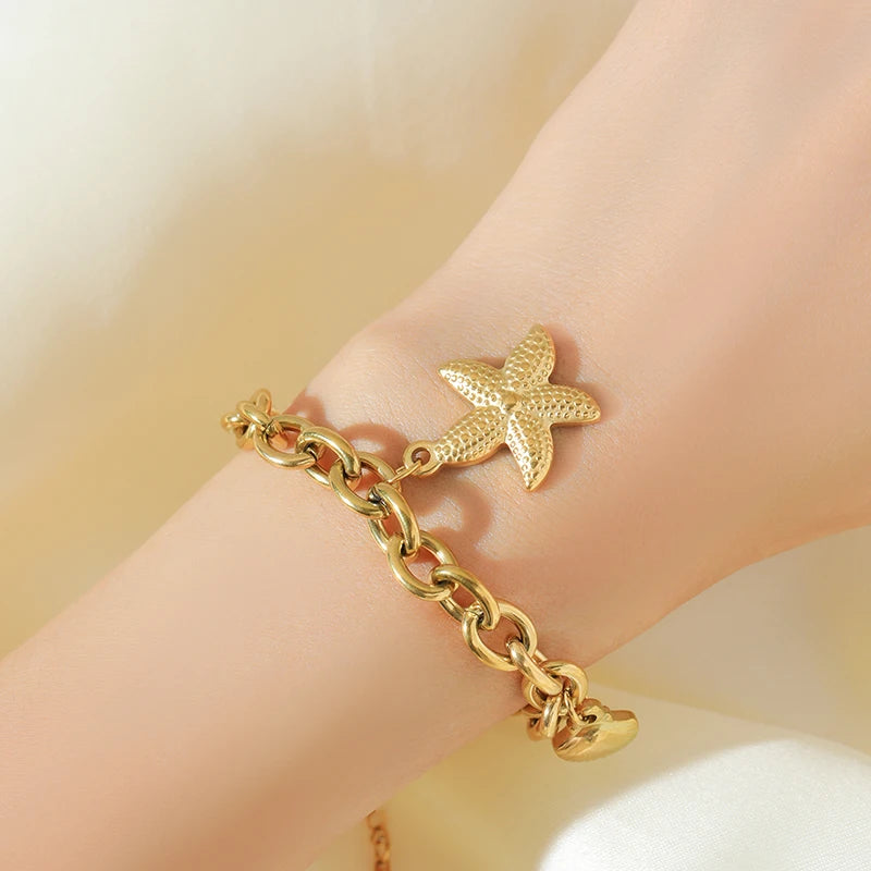 Stainless Steel Gold Starfish Moon Star Bracelet