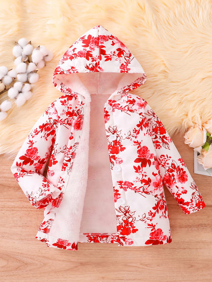 Fall/Winter Girls' Fleece Hooded Single-Breasted Floral Print Coat