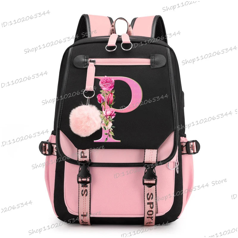 Black Pink Backpacks 26 Initials Flower A-Z Alphabet Large Capacity Students Bookbag