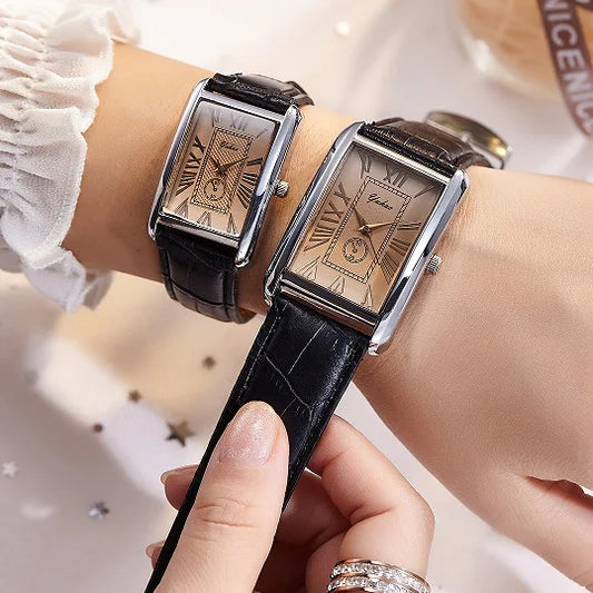 Couple Luxury Rectangle Dial Quartz Leather Band Casual Wristwatch