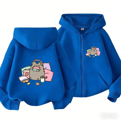 Cozy Pusheen Cat With Headphones Snacks Hoodie Long Sleeve Lovely Cartoon
