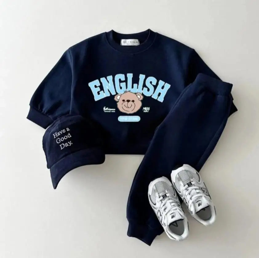 Soft Cotton Matching Tracksuit Retro English Letter Cartoon Bear Graphics Set