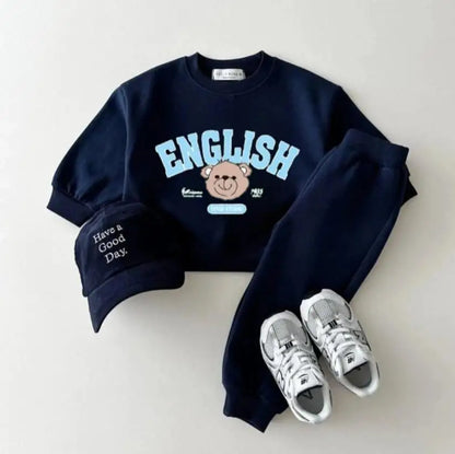 Soft Cotton Matching Tracksuit Retro English Letter Cartoon Bear Graphics Set