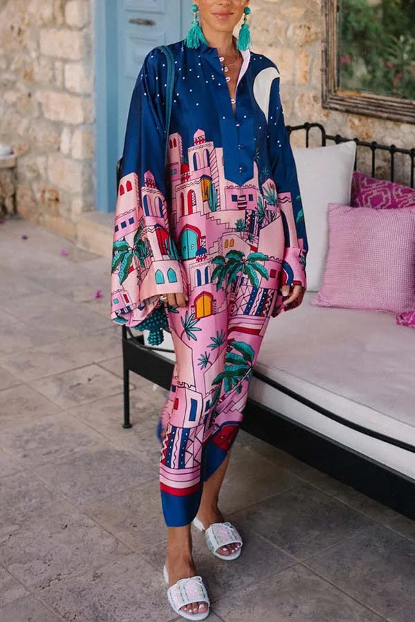 Vintage Satin Print Long Dress