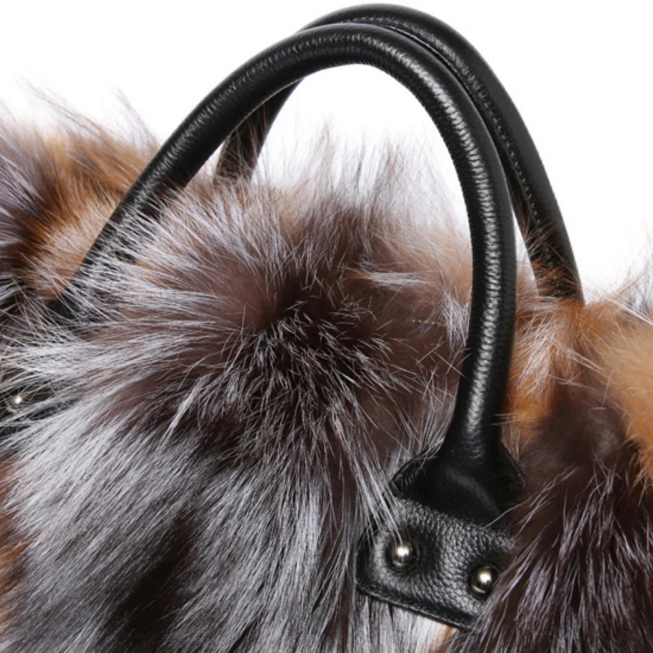 Real Fox Fur Large Size Plush Crossbody Luxury Handbags Fluffy Tote Bag
