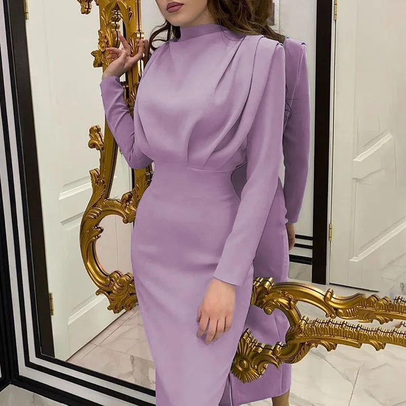 Waist Wrapped Long Sleeves Round Neck Dress