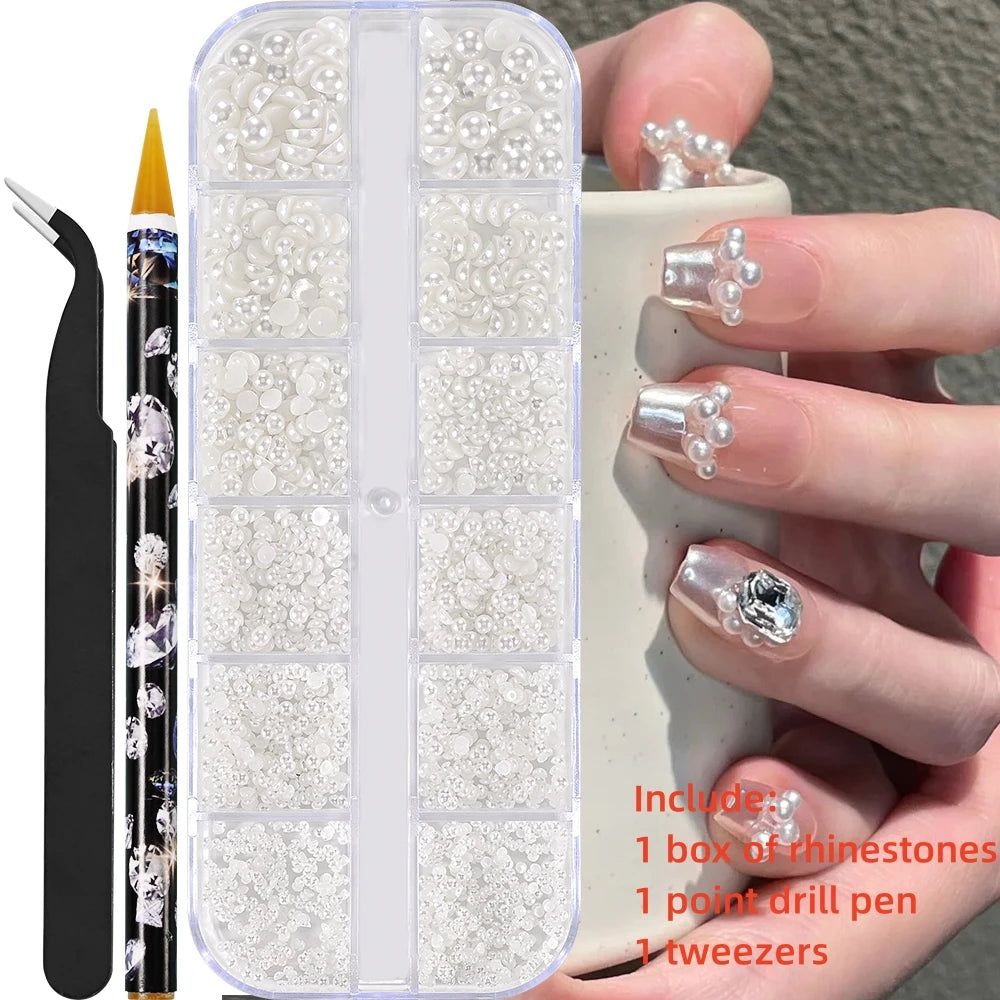 12Gird 3D Glass AB Crystal Nail Art Rhinestones Kit