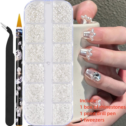 12Gird 3D Glass AB Crystal Nail Art Rhinestones Kit