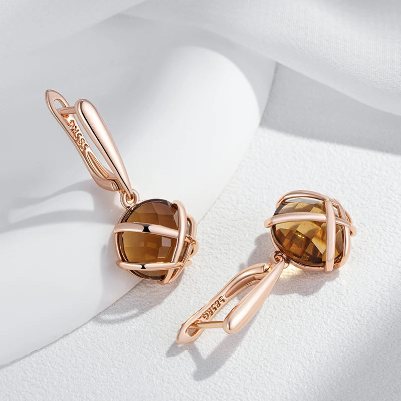 Light Brown Natural Zircon Drop Luxury 585 Rose Gold Earrings