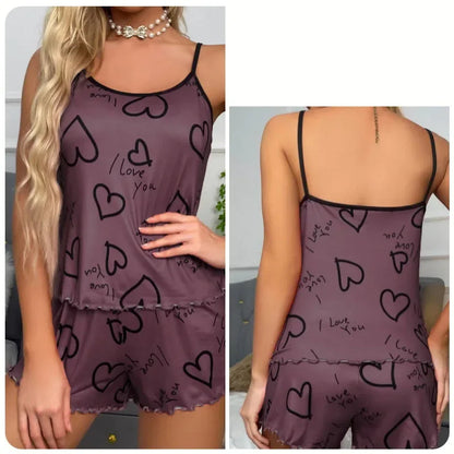 Heart-shaped printed sexy silk Pyjama Set