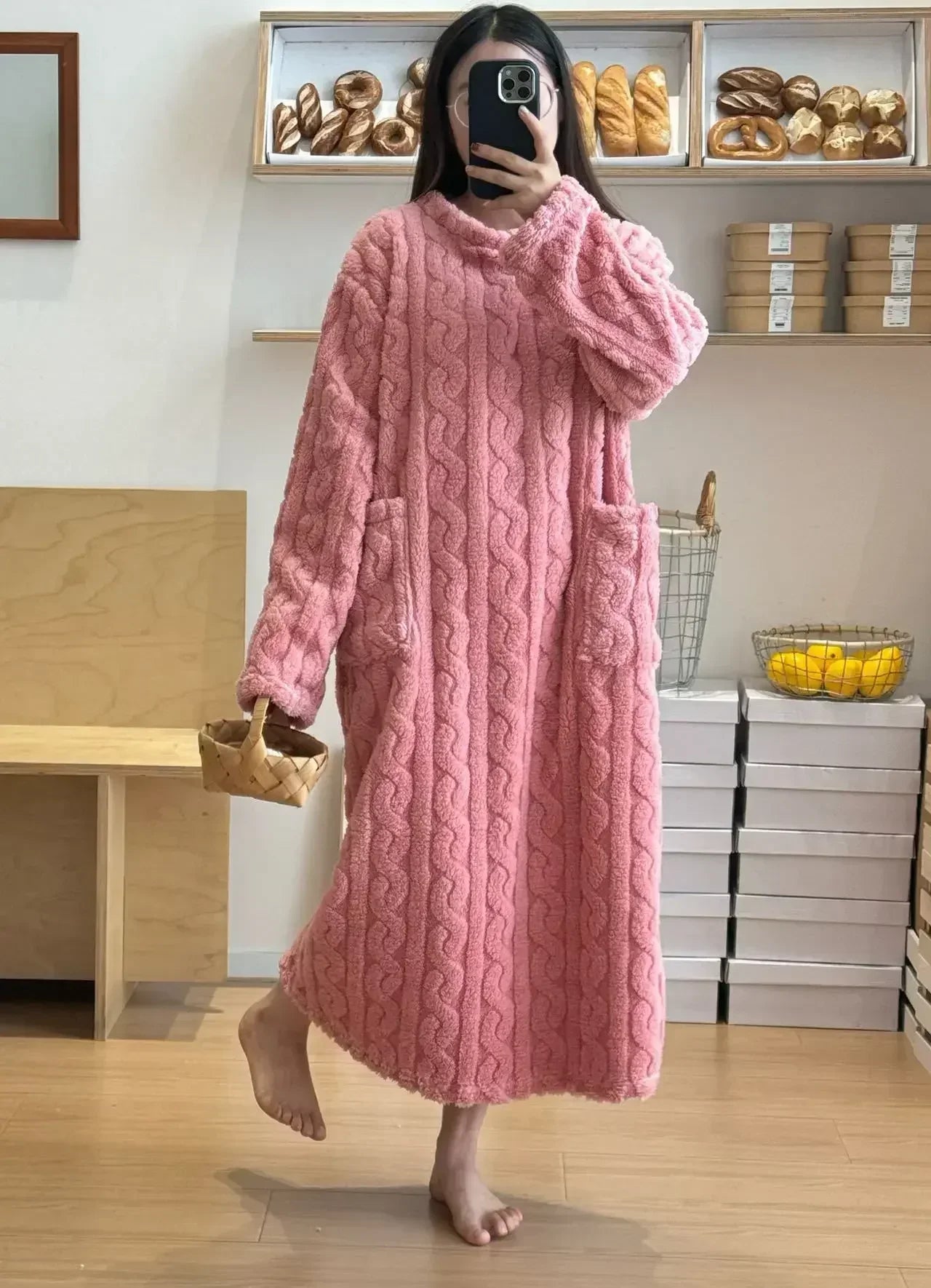 Long Sleeve Double Pocket Thickened Warm Nightdress
