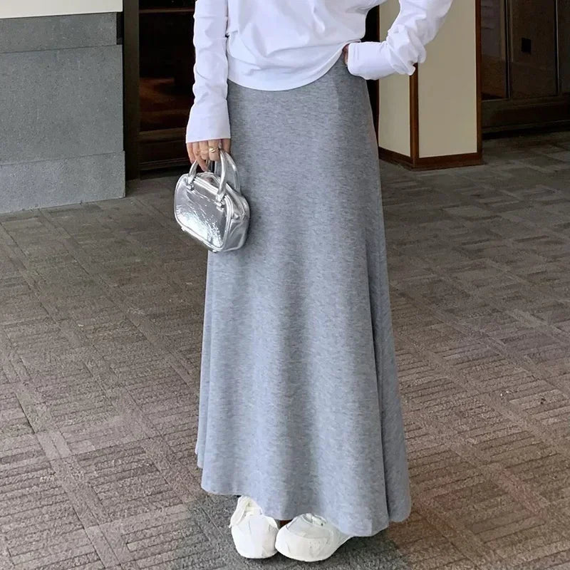 Gray Knitted Hip Wrap High Waist Fish Tail Midi Skirts