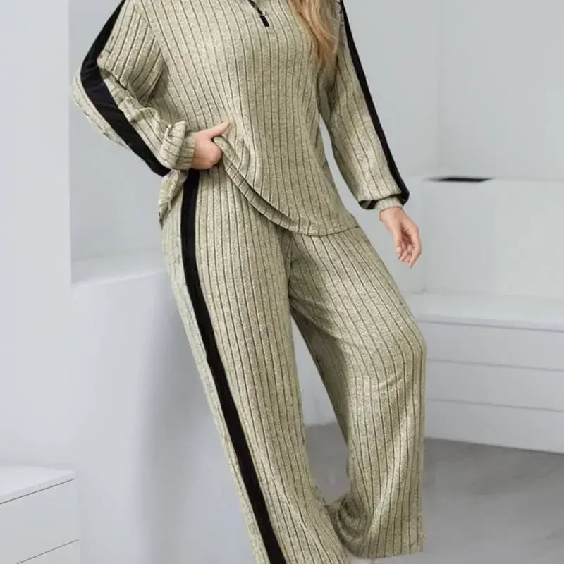 Elegant Casual Zipper Collar Long-Sleeve Top & Wide-Leg Pants Set