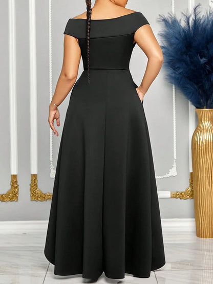 Off Shoulder Evening Solid Maxi Long With Sleeves Dress