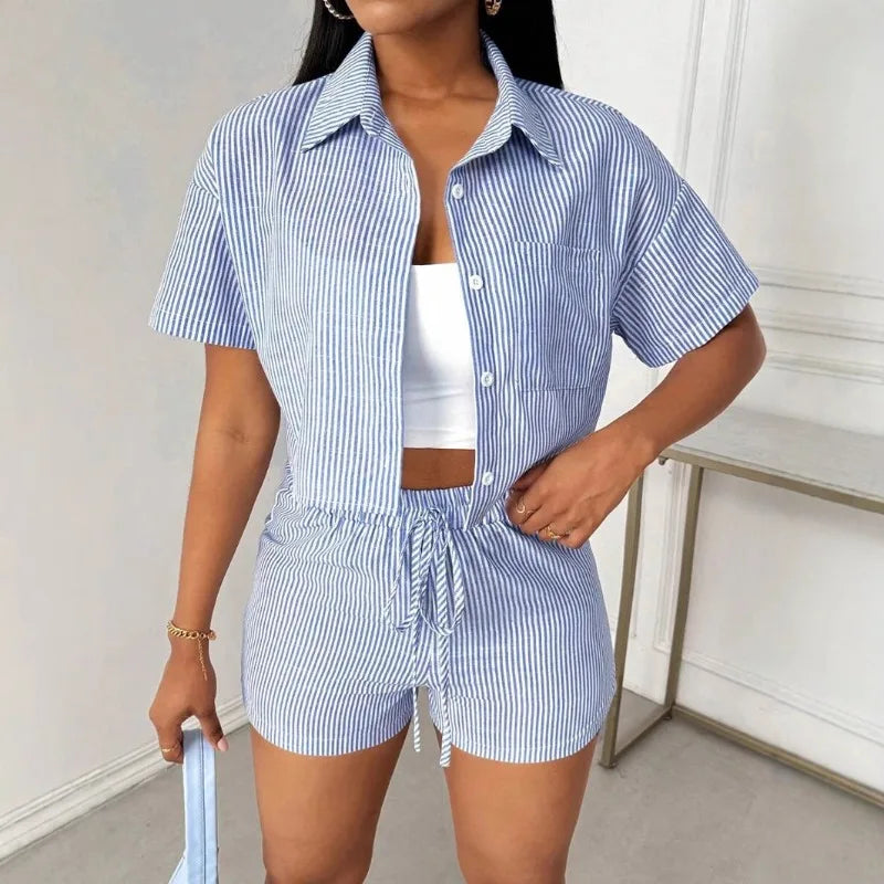 Striped Shirt Short Sleeve Shorts Set