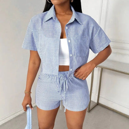 Striped Shirt Short Sleeve Shorts Set